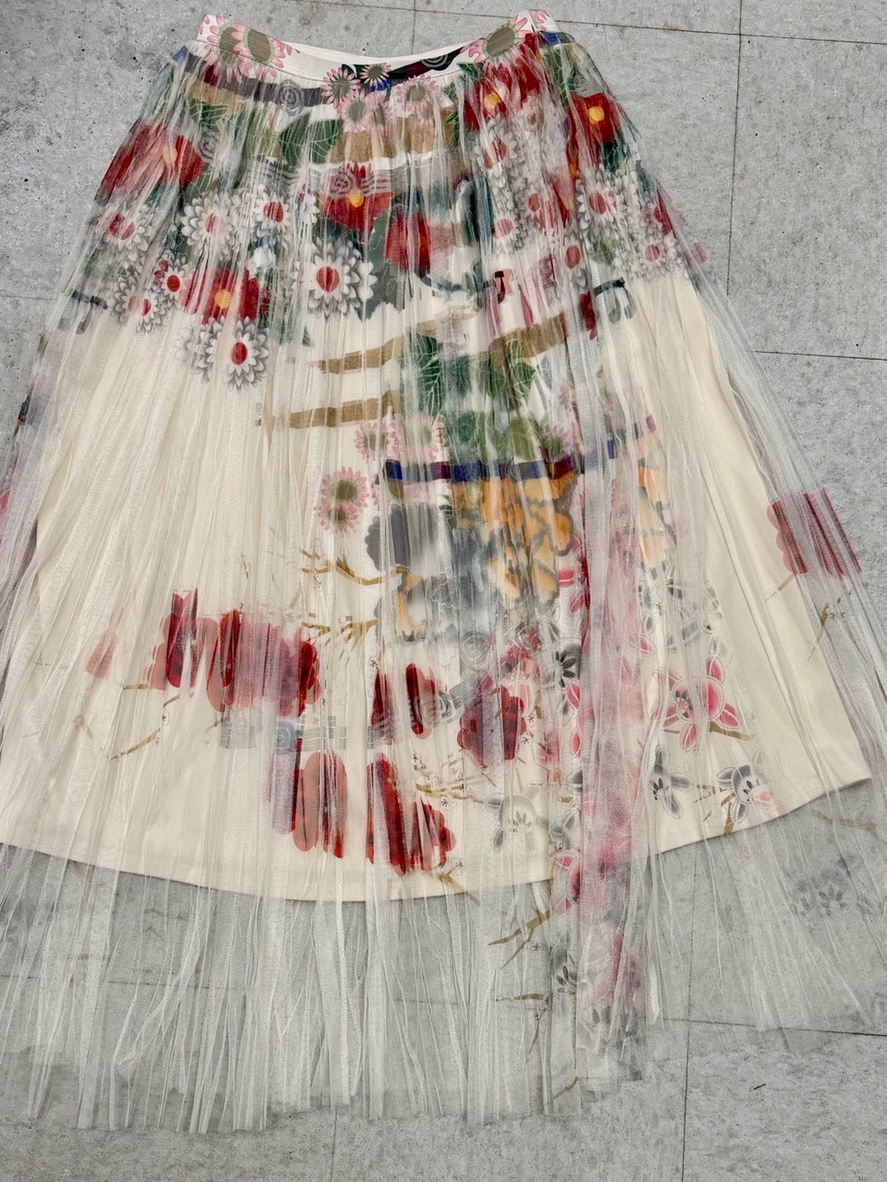 Ivory Floral A-Line Midi Skirt with Tulle Overlay Gypsy Hippie Stevie Nicks